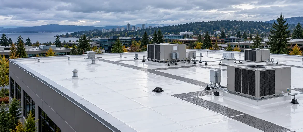 White membrane flat roof with rooftop HVAC units on a commercial building