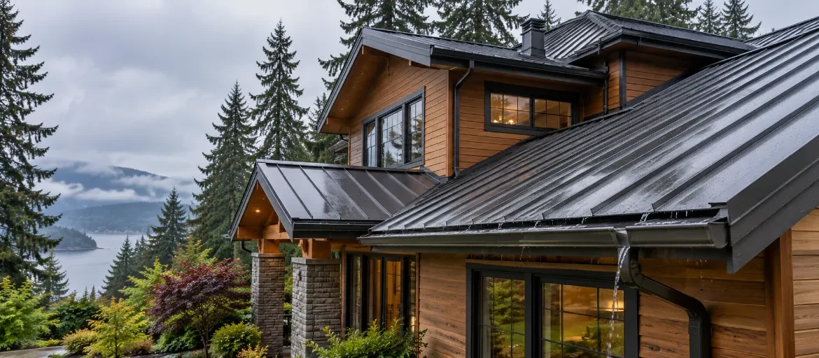 Dark standing seam metal roof with rain running into the gutter on a cedar-sided home