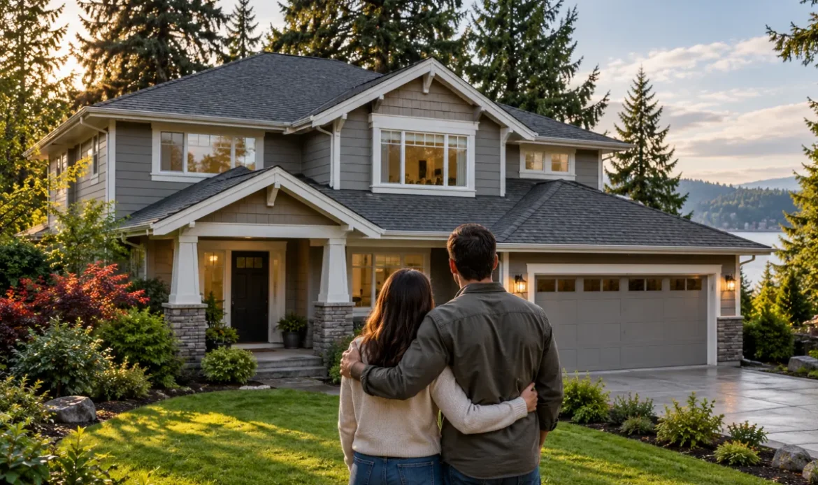 Couple standing in front of their house looking at the roof