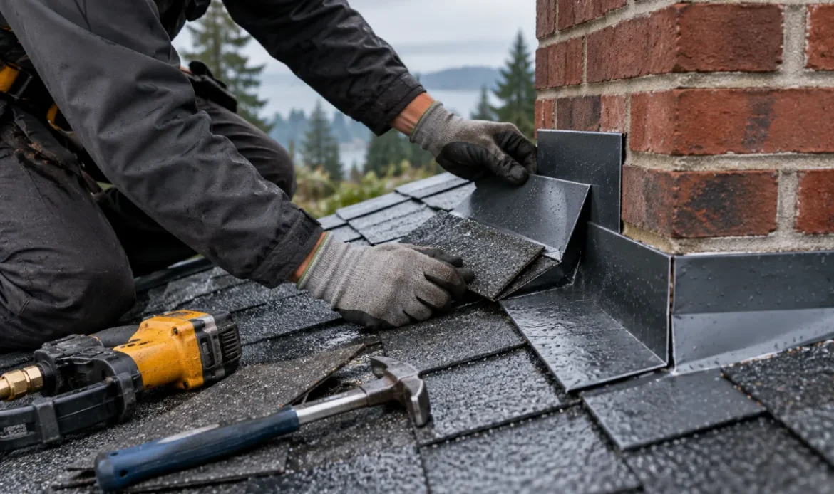 Roofer fitting new flashing and shingles around a brick chimney on a wet roof