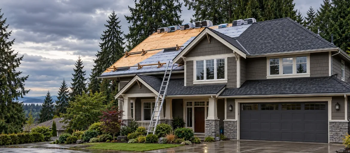 Roof replacement in progress, with new decking, underlayment and composition shingles on a house