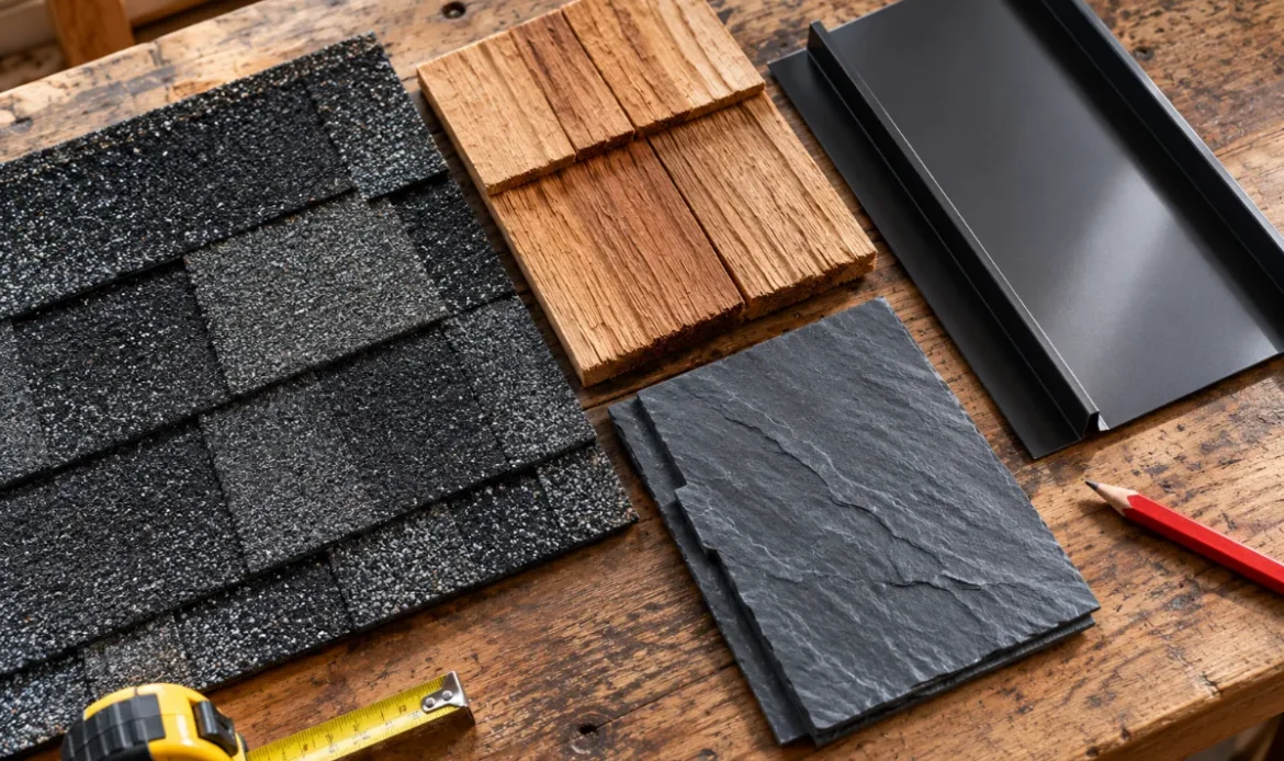 Samples of composition shingle, cedar shake, standing seam metal and synthetic slate roofing