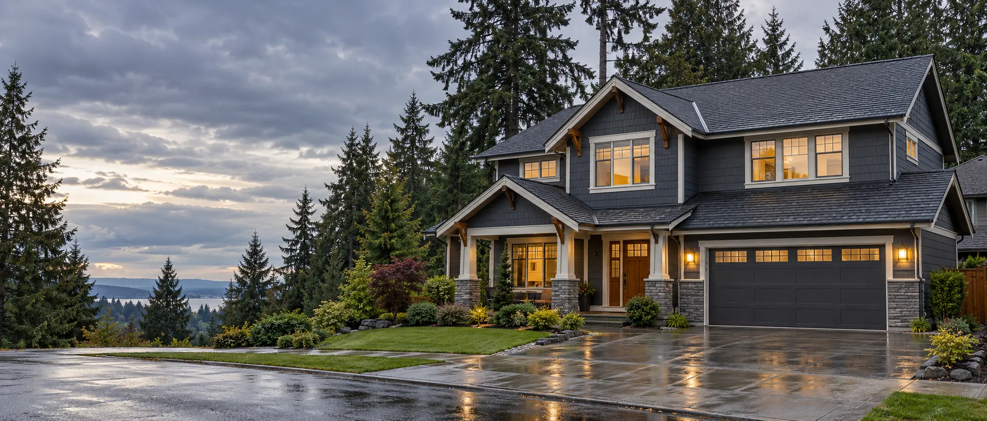 Two-story craftsman house with a dark composition shingle roof among evergreens in the Seattle area